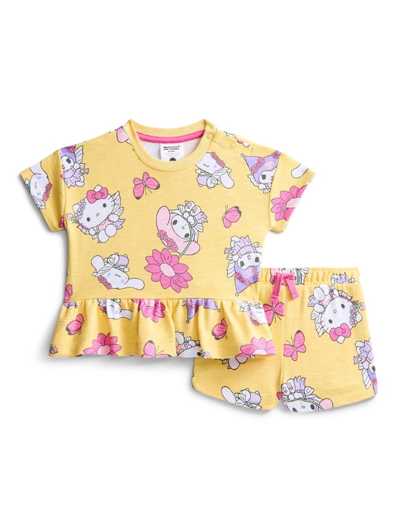 Hello Kitty and Friends Baby Girls' Allover Print Short Sleeve Tee and Matching Shorts Set, 2-Piece, 0/2M-6/9M