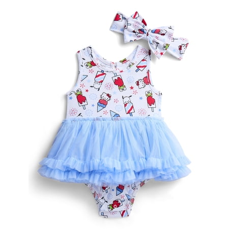 Hello Kitty & Friends Baby Girls Sleeveless Allover Print Tutu Dress with Matching Bow Headband, Sizes 0/3M-24M