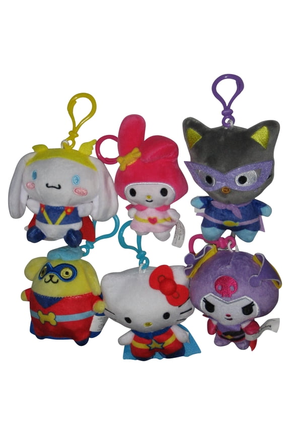 Hello Kitty & Friends Bullsitoy 4-Inch Clip-On Plush Keychain Set - (Super Kitty, Pompompurin, Kuromi, Chococat, Cinnamoroll & My Melody Rabbit)