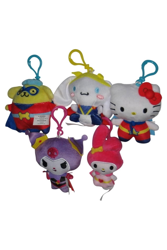 Hello Kitty & Friends Bullsitoy 4-Inch Clip-On Plush Keychain Set - (Super Kitty, Pompompurin, Kuromi, Cinnamoroll & My Melody Rabbit)