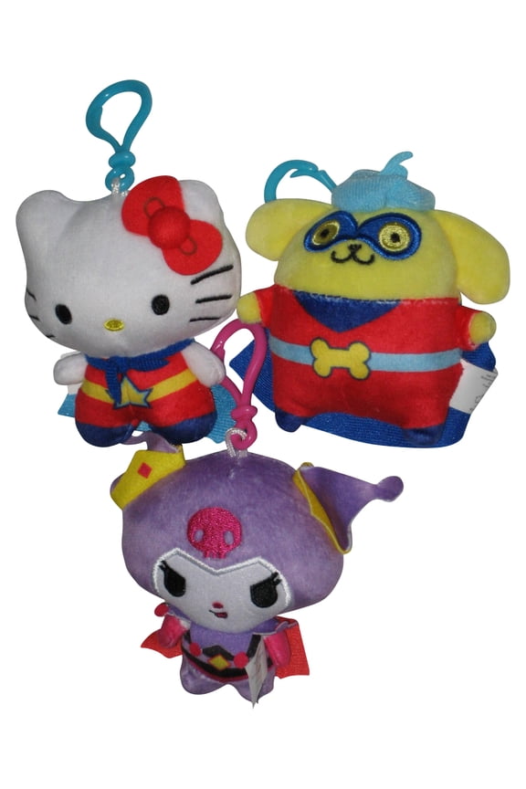 Hello Kitty & Friends Bullsitoy 4-Inch Clip-On Plush Keychain Set - (Super Kitty, Pompompurin & Kuromi)