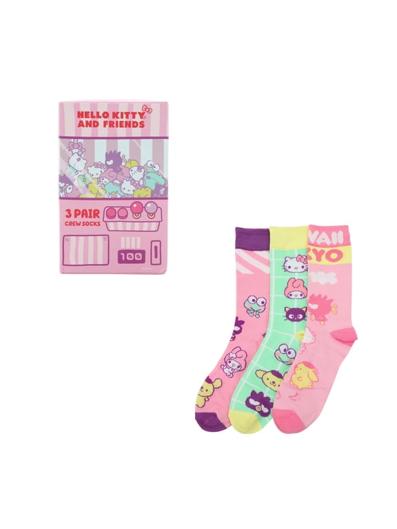 Hello Kitty & Friends Character Art Adult 3-Pair Casual Crew Socks Box Set