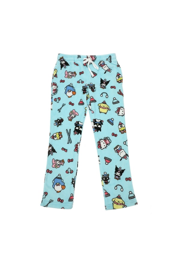 Hello Kitty & Friends Characters All-Over Print Women's Light Blue Plush Sleep Pajama Pants-Medium