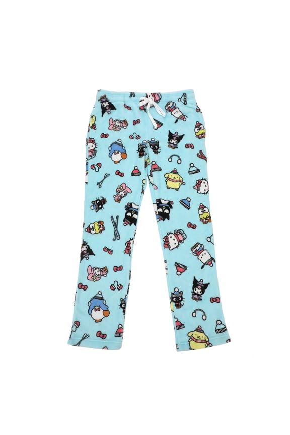 Hello Kitty & Friends Characters All-Over Print Women's Light Blue Plush Sleep Pajama Pants-XXL