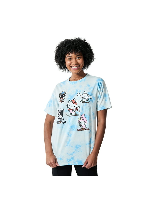 Hello Kitty & Friends Characters Skiing Women's Blue Cloud Wash Crew Neck Short Sleeve T-shirt-Medium