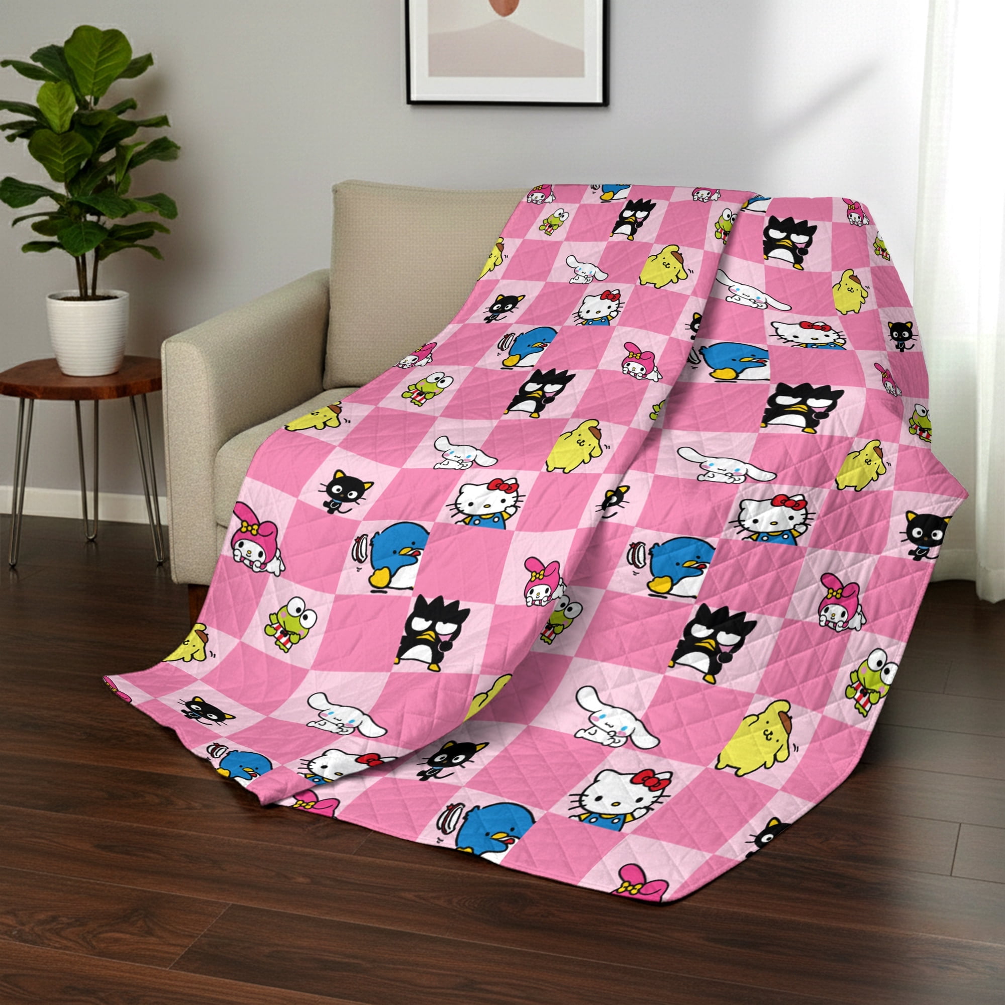 Hello Kitty & Friends Check Quilted Throw Blanket 60x80 inches, Kids Character Bedding