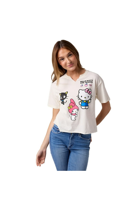 Hello Kitty & Friends Chococat My Melody & Hello Kitty Women's Sand V-Neck Short Sleeve Cropped Tee - Medium
