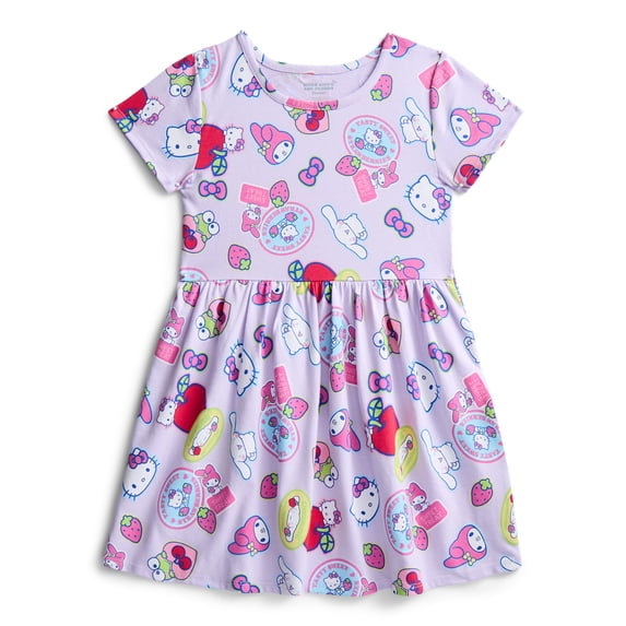 Hello Kitty and Friends Girls' Allover Print Dress with Short Sleeves, Sizes 4-12
