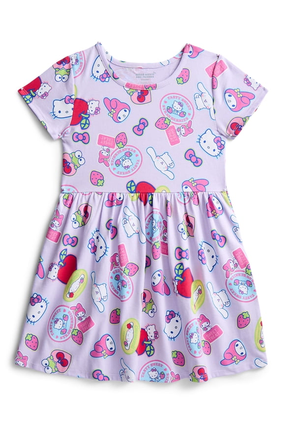 Hello Kitty and Friends Girls Allover Print Dress with Short Sleeves, Sizes 4-12