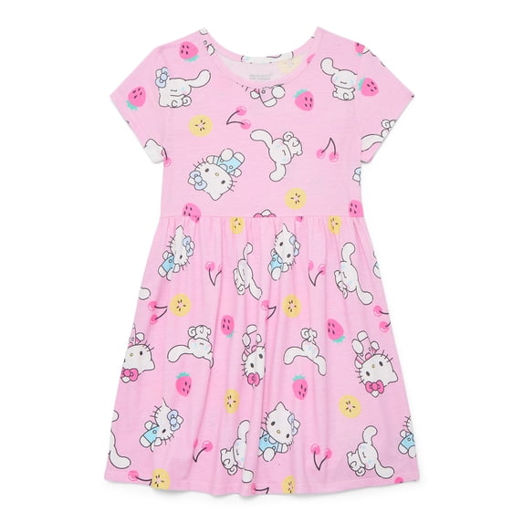 Hello Kitty Girls' Allover Print Dress with Short Sleeves, Sizes 4-12