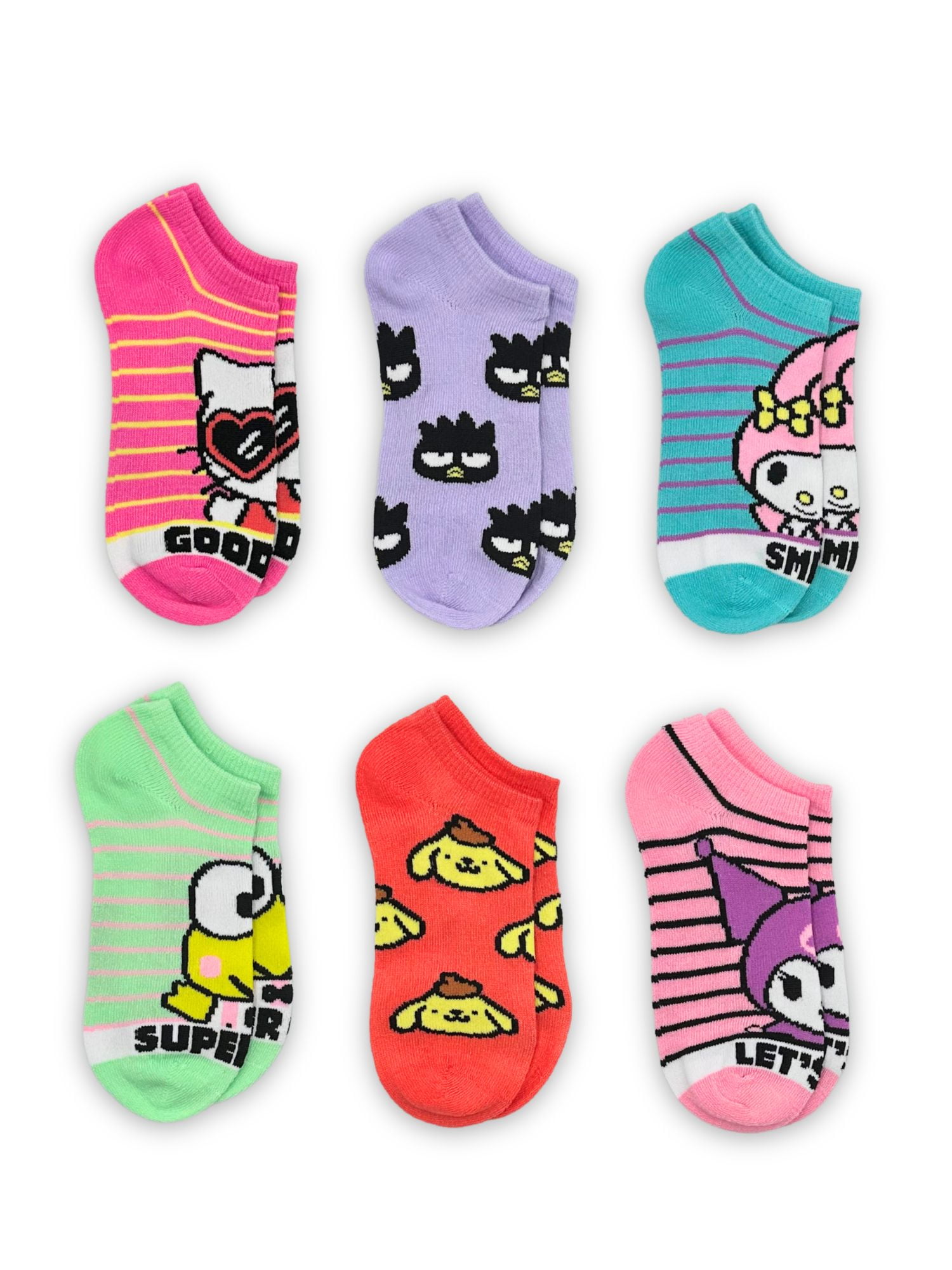 Hello Kitty & Friends, Girls No-Show Socks, 6-Pack, Sizes S-L