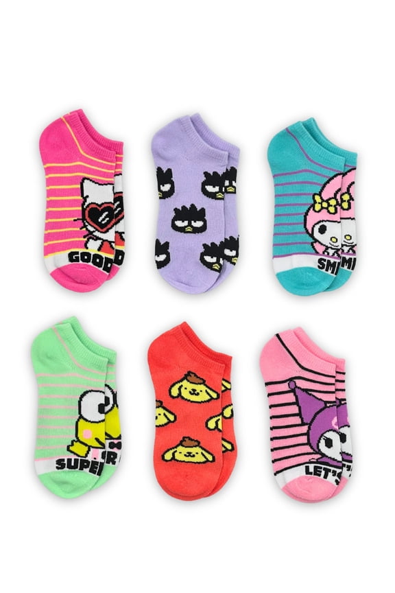 Hello Kitty & Friends, Girls No-Show Socks, 6-Pack, Sizes S-L