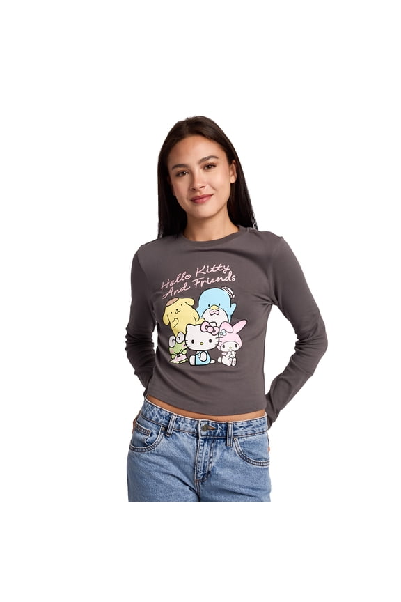 Hello Kitty & Friends Group Shot Women's Black Long Sleeve Baby Tee-Large
