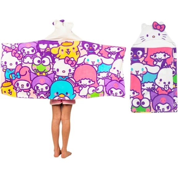 Hello Kitty & Friends Kids Super Soft Bath/Pool/Beach Soft Cotton Terry Hooded Towel Wrap, 24 in x 50 in, (Officially Licensed Product) By