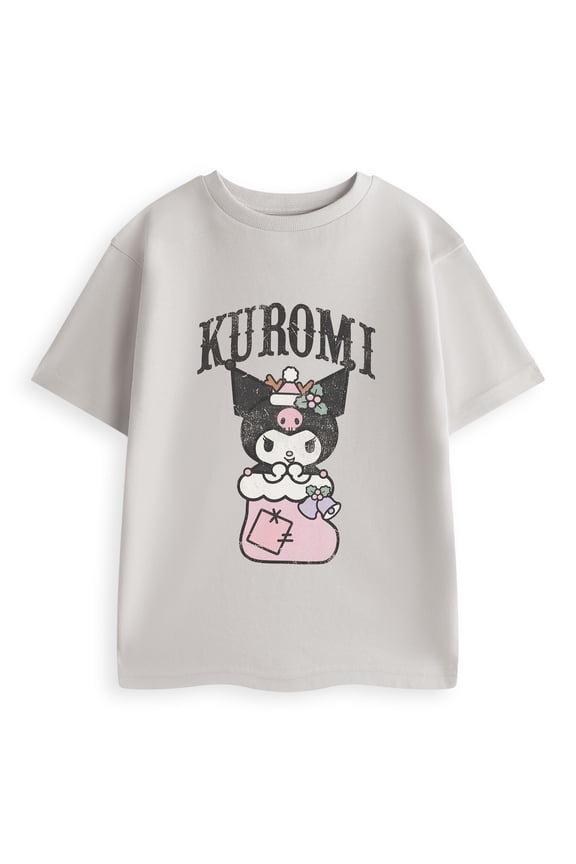 Hello Kitty & Friends Kuromi Stocking Girls Light Grey Short Sleeved T-Shirt | 7-8 Years | Made by Vanilla Underground