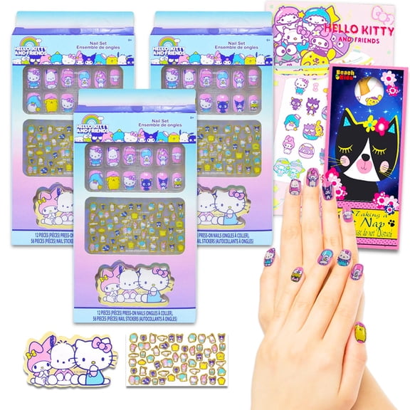 Hello Kitty and Friends Press-On Nails for Kids - 36 Pc Bundle with Hello Kitty Stick-On Nails Plus Tattoos, More | Hello Kitty Nail Kit for Girls C55