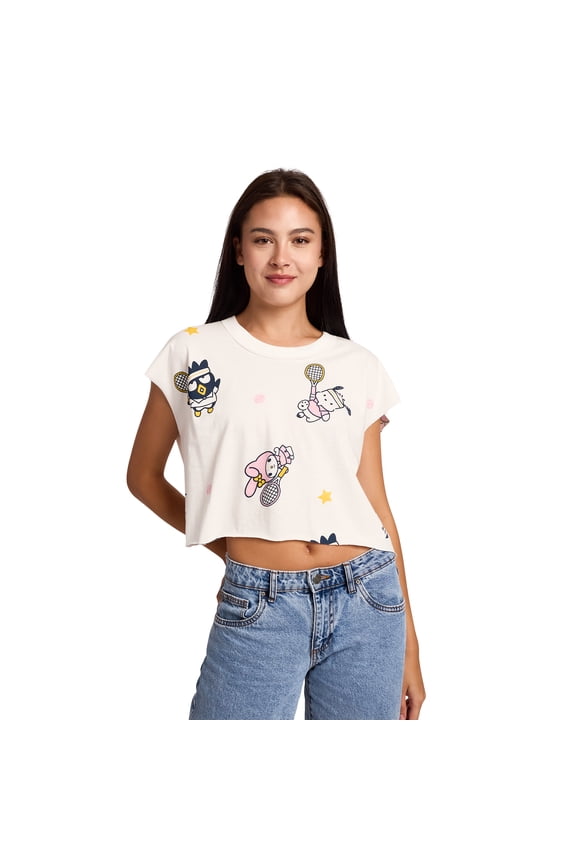 Hello Kitty & Friends Repeat Characters Women's White Raw Hem Cropped Tank-Medium