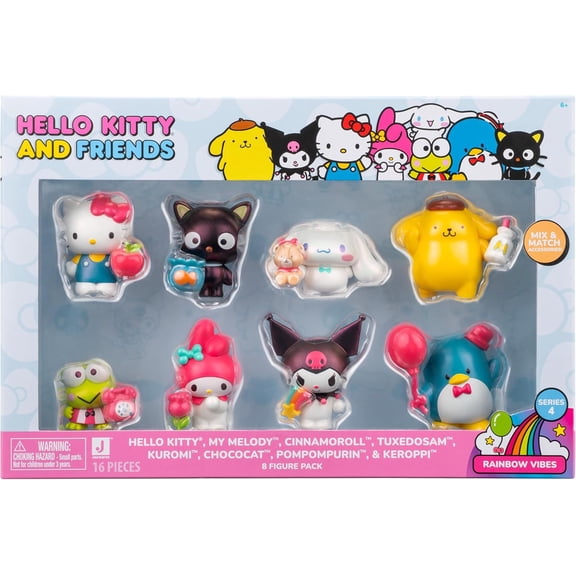 Hello Kitty & Friends Series 4 Rainbow Vibes Hello Kitty, Kuromi, My Melody, Pompompurin, Cinnamoroll, Keroppi, Tuxedosam & Chococat Figure 8-Pack