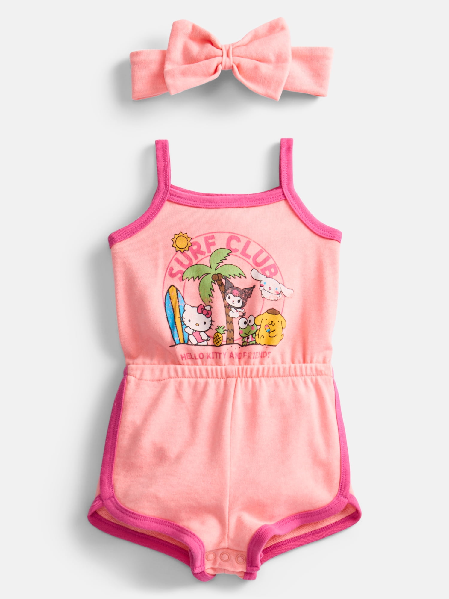 Hello Kitty and Friends Baby Girls Sleeveless Graphic Romper with Matching Bow Headband, Sizes 0/3M-24M