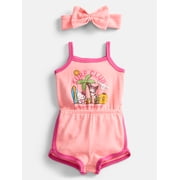 Hello Kitty and Friends Baby Girls Sleeveless Graphic Romper with Matching Bow Headband, Sizes 0/3M-24M