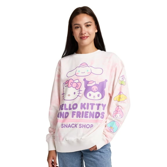 Hello Kitty & Friends Snack Shop Character Faces Women's Pink Cloud Wash Crew Neck Long Sleeve Fleece Sweatshirt -Large