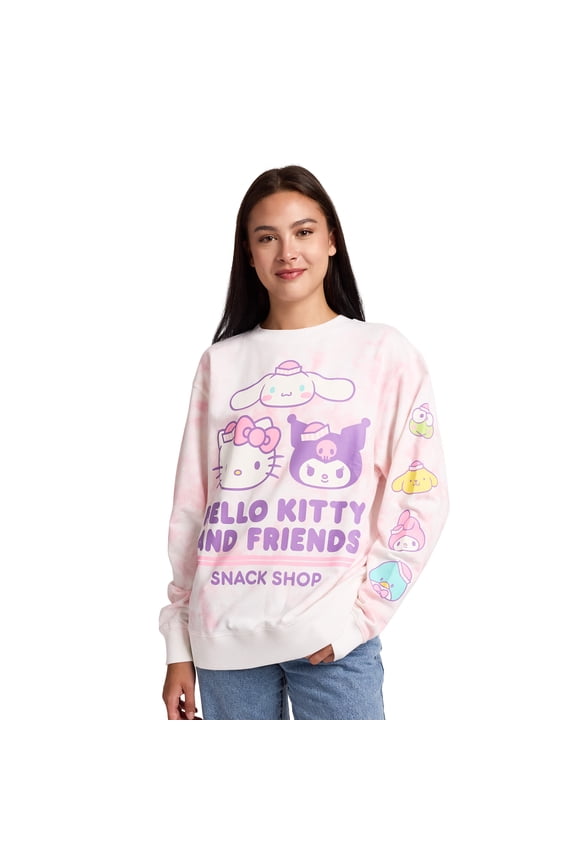 Hello Kitty & Friends Snack Shop Character Faces Women's Pink Cloud Wash Crew Neck Long Sleeve Fleece Sweatshirt -Large
