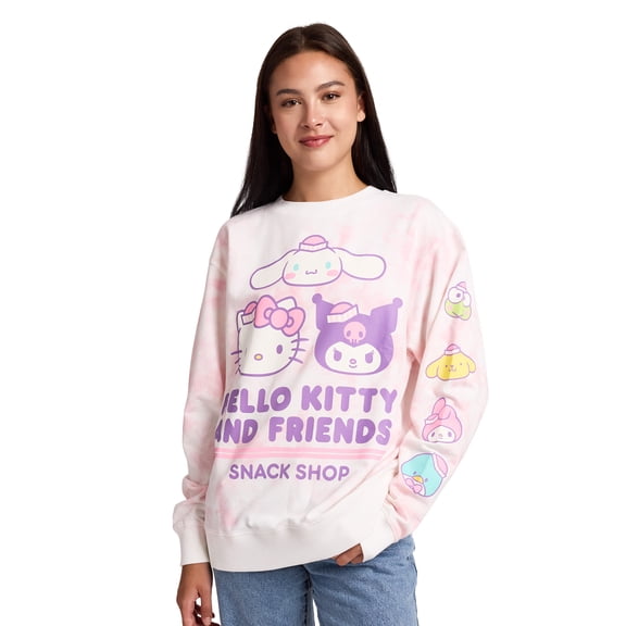Hello Kitty & Friends Snack Shop Character Faces Women's Pink Cloud Wash Crew Neck Long Sleeve Fleece Sweatshirt -Small