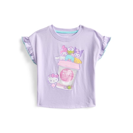 The Little Mermaid Hello Kitty and Friends Toddler Girls Ruffle Graphic Tee with Short Sleeves, Sizes 12M-5T