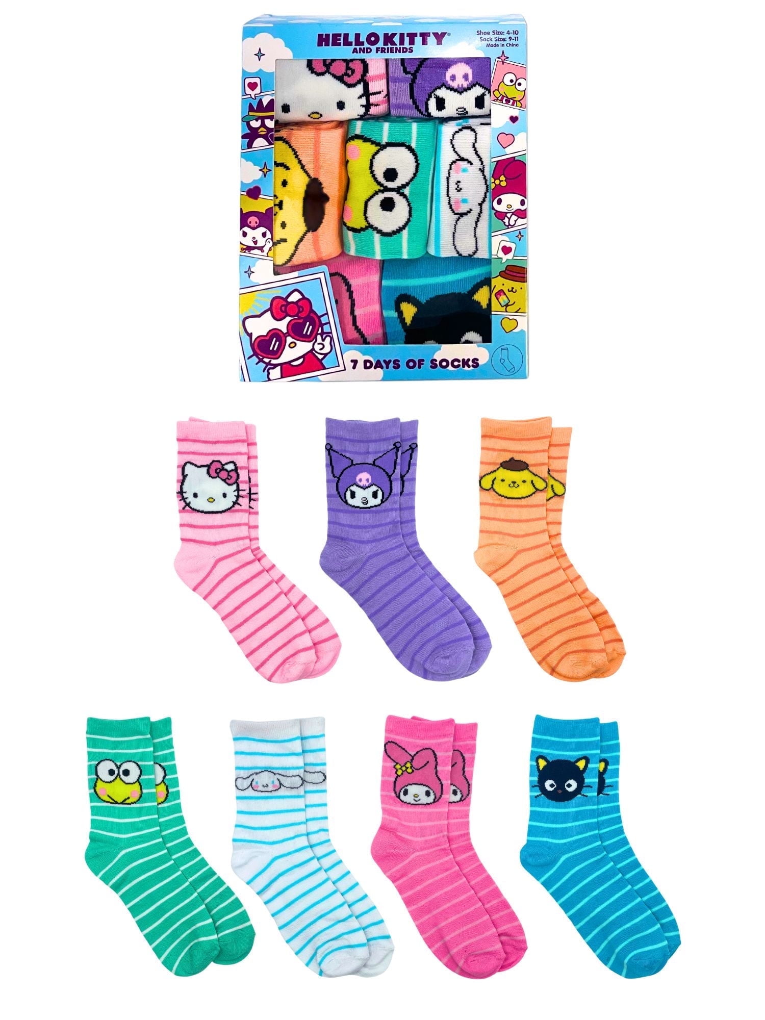 SANRIO Hello Kitty & Friends Women's Crew Socks, 7 Days of Socks Giftable Box, 7-Pack, Size 4-10
