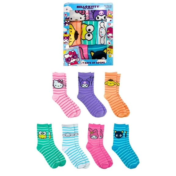 Hello Kitty & Friends Women's Crew Socks, 7 Days of Socks Giftable Box, 7-Pack, Size 4-10