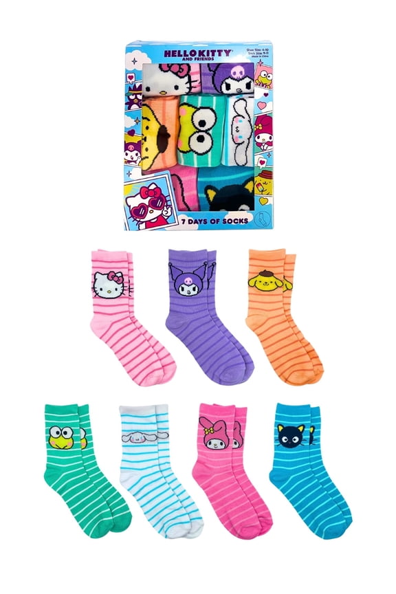 Hello Kitty & Friends Women's Crew Socks, 7 Days of Socks Giftable Box, 7-Pack, Size 4-10