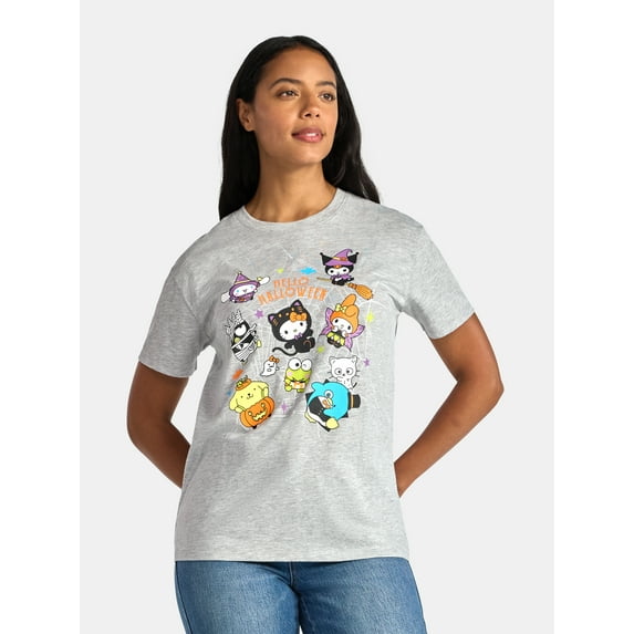 Hello Kitty & Friends Women's Halloween Graphic Tee with Short Sleeves, Sizes XXS-XXL