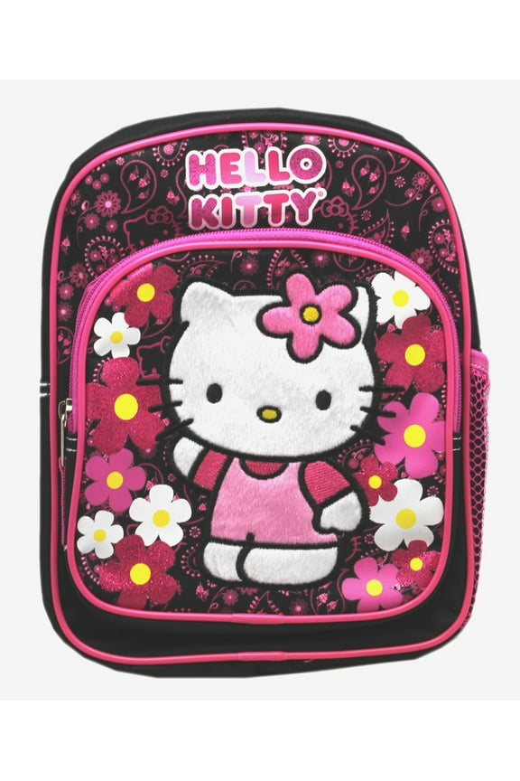Hello Kitty Fuzzy Patch Front Floral Black/Pink Mini Toddler Backpack (10in)