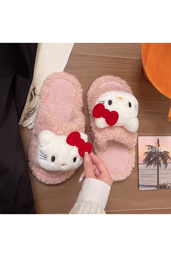 Hello Kitty Fuzzy Slippers for Women,Cute Warm Cozy Slip-On House Shoes with Non-Slip Sole,Cartoon Slippers for Winter