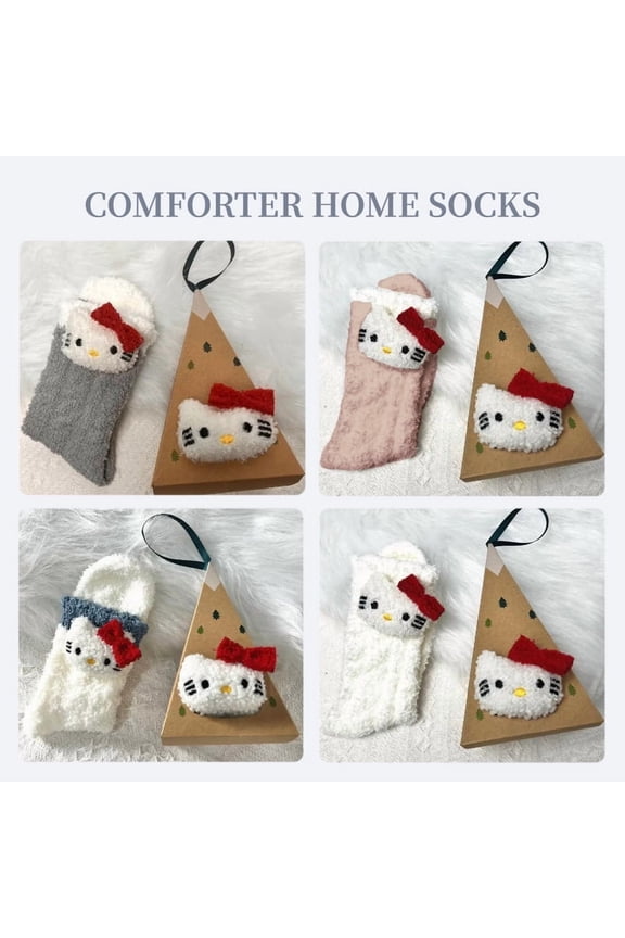 Kitty Fuzzy Socks with Gift Box – 4 Pairs 3D Cute Kitty Coral Fleece Winter Socks for Women Girls Kids, Cozy Plush Warm Holiday Socks, Soft Fluffy Kitty Socks