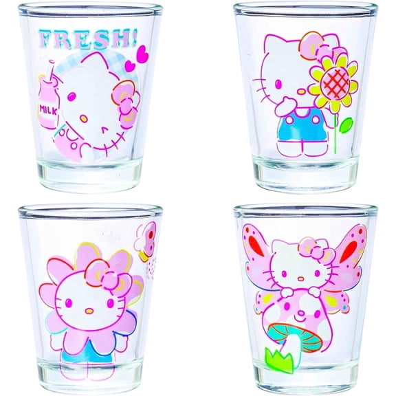 Silver Buffalo Sanrio Hello Kitty Spring Garden Flowers 4 pack Mini Glass Set, 1.5 Ounces