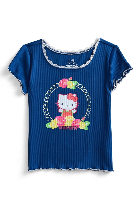 Hello Kitty Girls Purl Edge Graphic Tee with Short Sleeves, Sizes 4-16