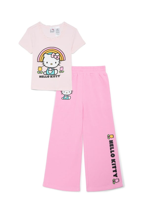 Hello Kitty Girls Graphic T-Shirt and Wide Leg Fleece Pant Outfit Set, 2-Piece, Sizes 4-16