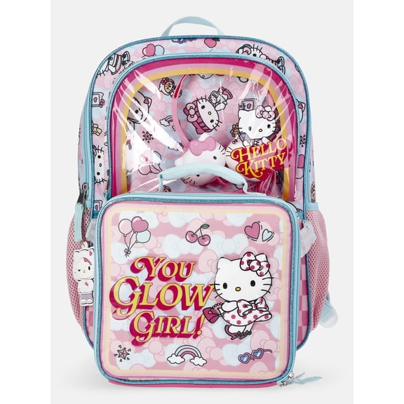 Hello Kitty Girls 17" You Glow Girl Backpack Set with Headphones & Lunch Box, 3-Piece Set, Pink
