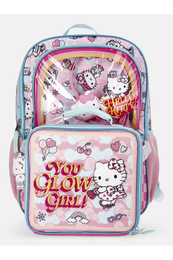 Hello Kitty Girls 17" You Glow Girl Backpack Set with Headphones & Lunch Box, 3-Piece Set, Pink