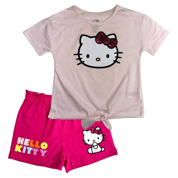 Hello Kitty Girls 2-Piece Fashion Tee Shirt and Active Short Set with Tie Front Top and Fashion Dolphin Shorts Summer Clothes for Little Girls (Fuschia Purple, 4)
