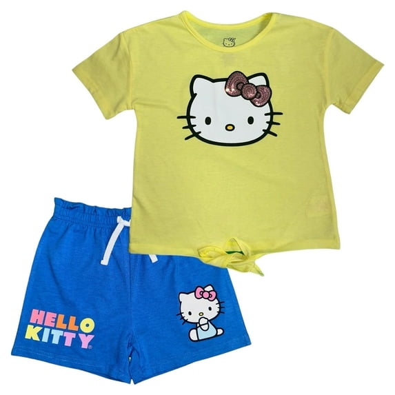 Hello Kitty Girls 2-Piece Fashion Tee Shirt and Active Short Set with Tie Front Top and Fashion Dolphin Shorts Summer Clothes for Little Girls (Yellow, 6X)
