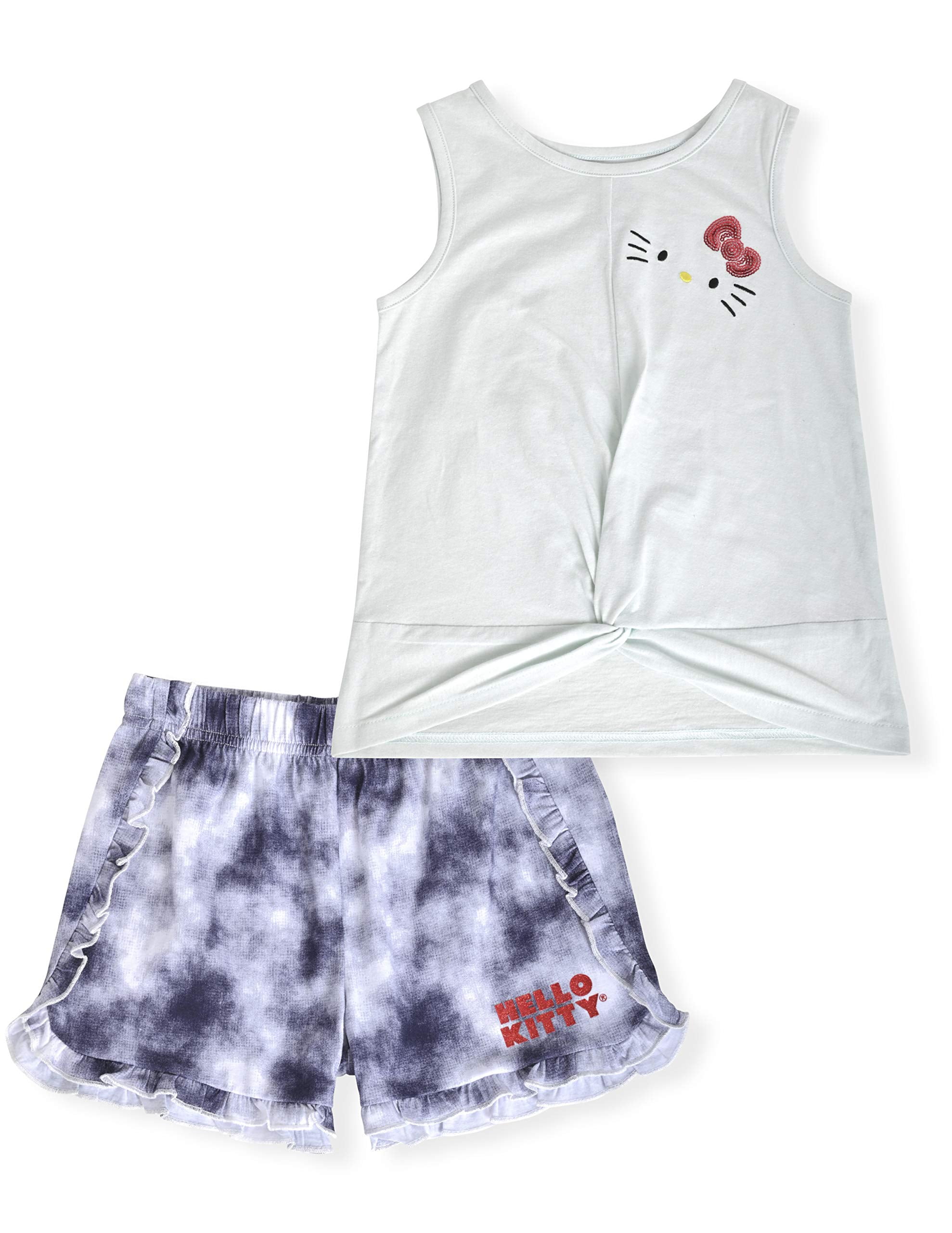 Hello Kitty Girls 2-Piece Fashion Tee Shirt and Active Short Set with Tie Front Top and Fashion Dolphin Shorts Summer Clothes for Little Girls (Blue Tie Dye, 5/6)