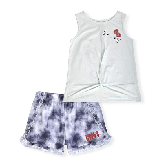Hello Kitty Girls 2-Piece Fashion Tee Shirt and Active Short Set with Tie Front Top and Fashion Dolphin Shorts Summer Clothes for Little Girls (Blue Tie Dye, 5/6)