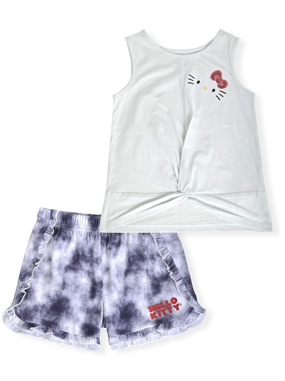 Girls 2-Piece Fashion Tee Shirt and Active Short Set with Tie Front Top and Fashion Dolphin Shorts Summer Clothes for Little Girls (Blue Tie Dye, 6X)