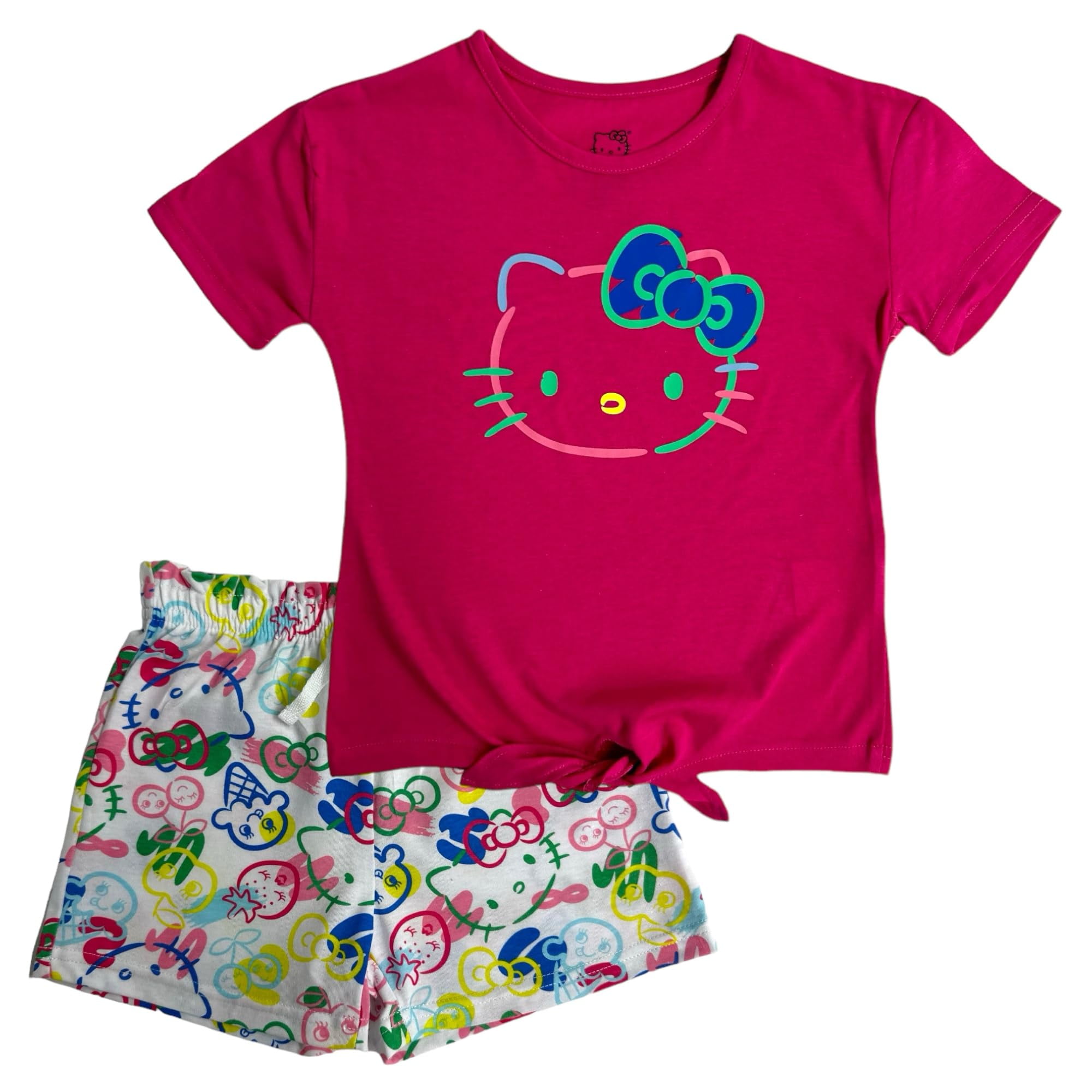 Hello Kitty Girls 2-Piece Fashion Tee Shirt and Active Short Set with Tie Front Top and Fashion Dolphin Shorts Summer Clothes for Little Girls (Fuschia Multi, 4)
