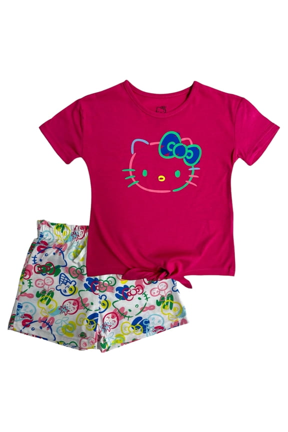 Girls 2-Piece Fashion Tee Shirt and Active Short Set with Tie Front Top and Fashion Dolphin Shorts Summer Clothes for Little Girls (Fuschia Multi, 8/10)