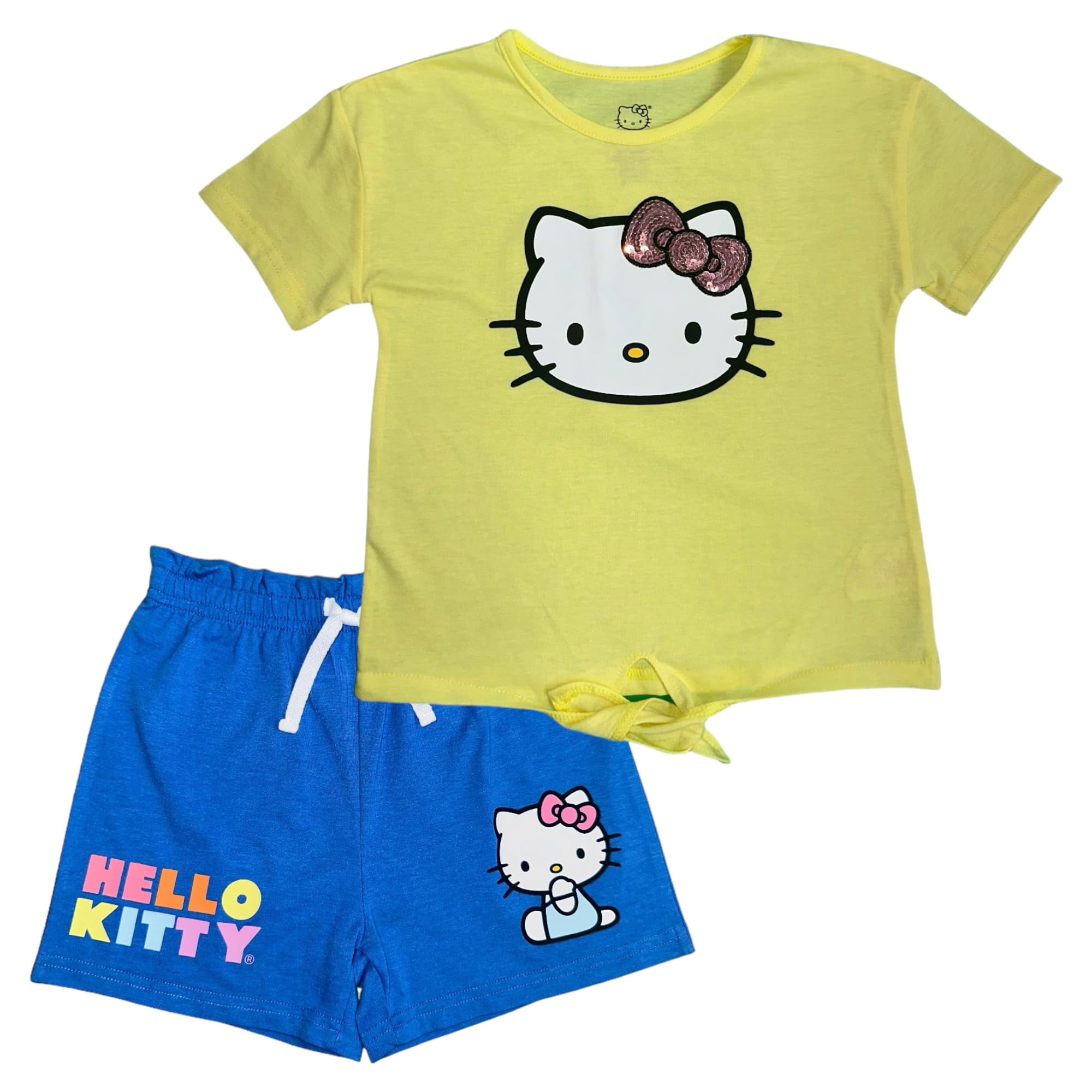 Hello Kitty Girls 2-Piece Fashion Tee Shirt and Active Short Set with Tie Front Top and Fashion Dolphin Shorts Summer Clothes for Little Girls (Yellow, 3T)