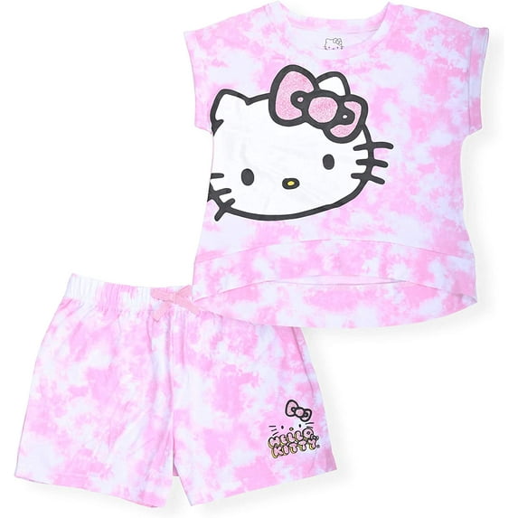 Hello Kitty Girls 2-Piece Fashion Tee Shirt and Active Short Set with Tie Front Top and Fashion Dolphin Shorts Summer Clothes