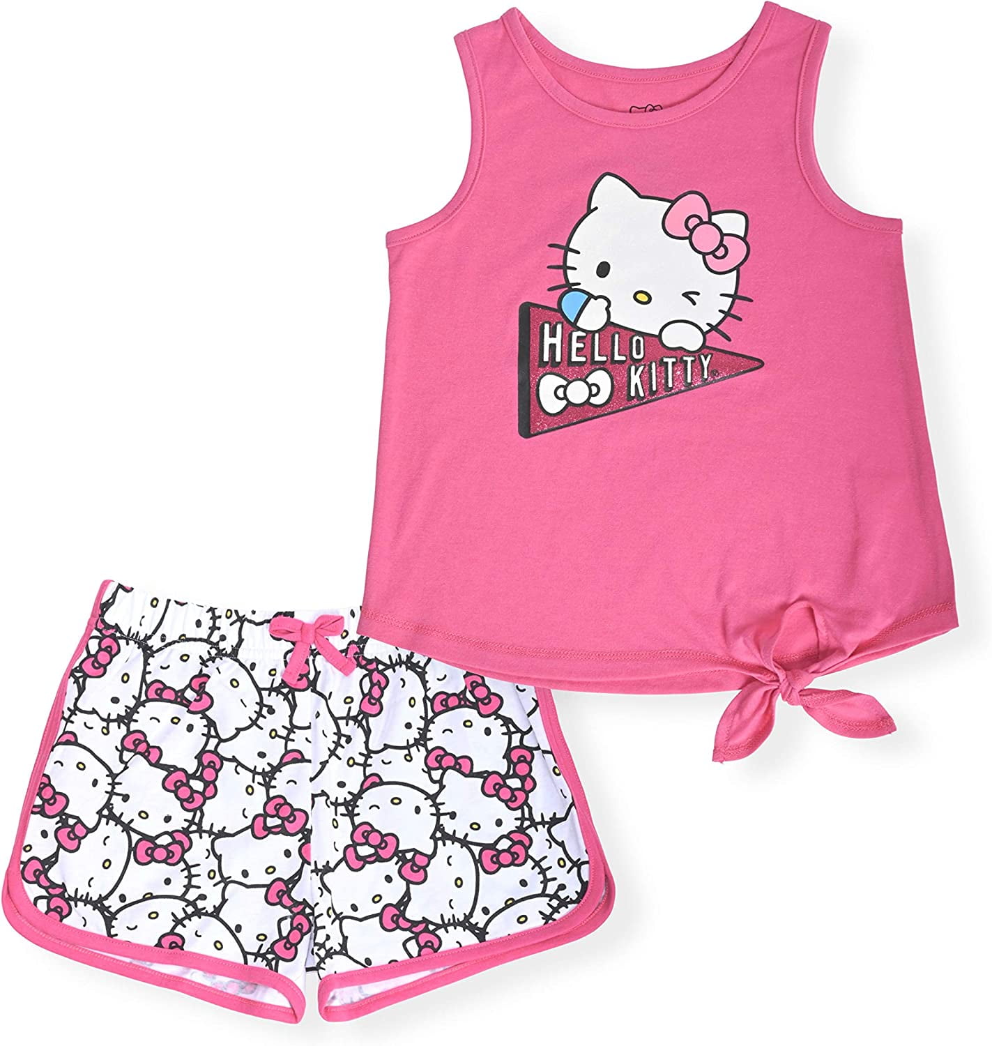 Hello Kitty Girls 2-Piece Fashion Tee Shirt and Active Short Set with Tie Front Top and Fashion Dolphin Shorts Summer Clothes